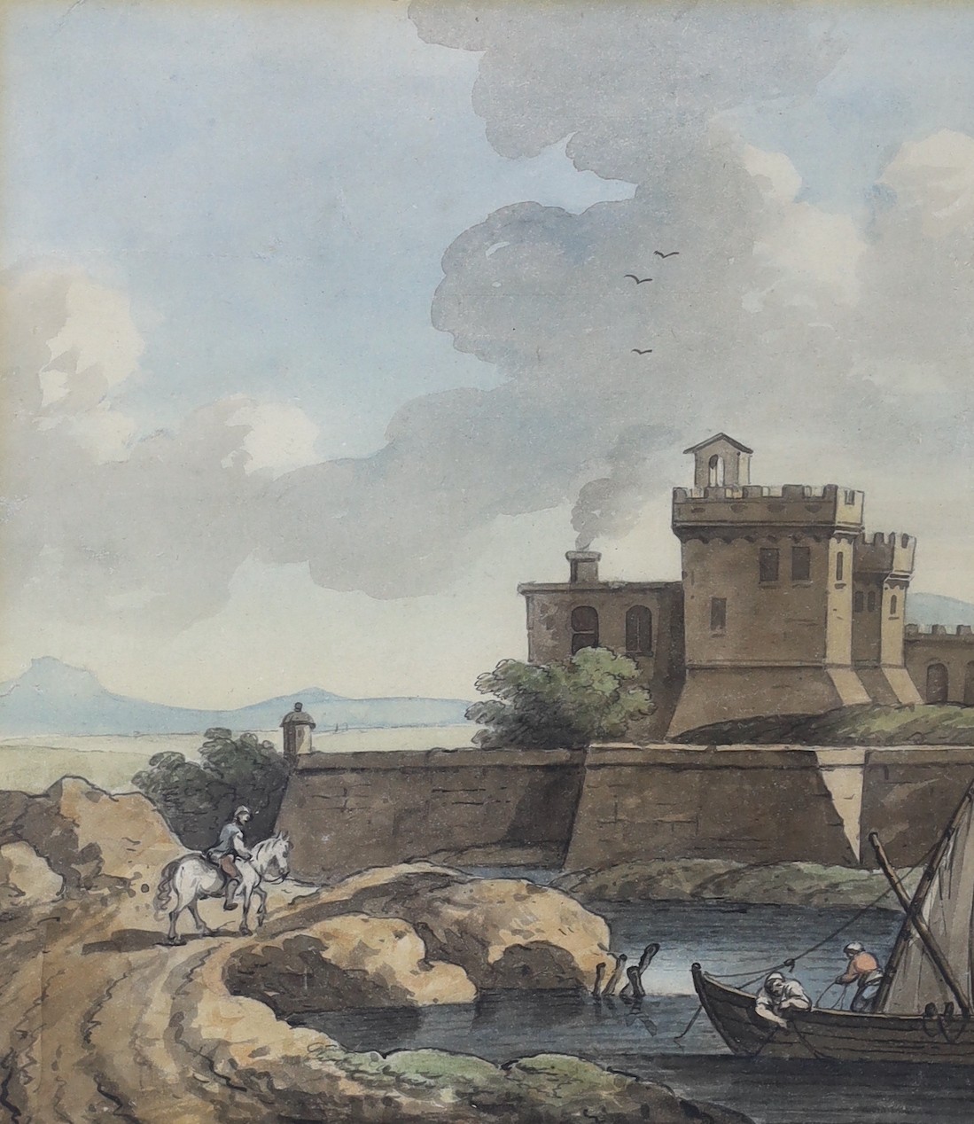 Circle of John Warwick Smith (1749-1831), watercolour, Continental view, fishing vessel and crenelated buildings, inscribed verso ‘Castle in the Bay of Naples, given by William Alexander 1790’, 21 x 18cm